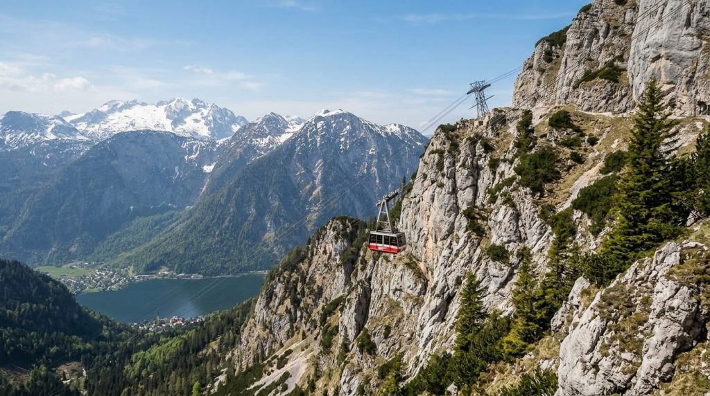 Dachstein cable car ascending over alpine cliffs near Hallstatt