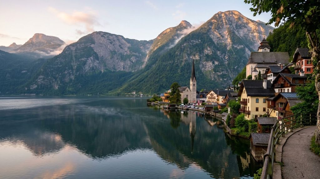 Malerwinkel viewpoint of Hallstatt's lakeside houses at sunrise