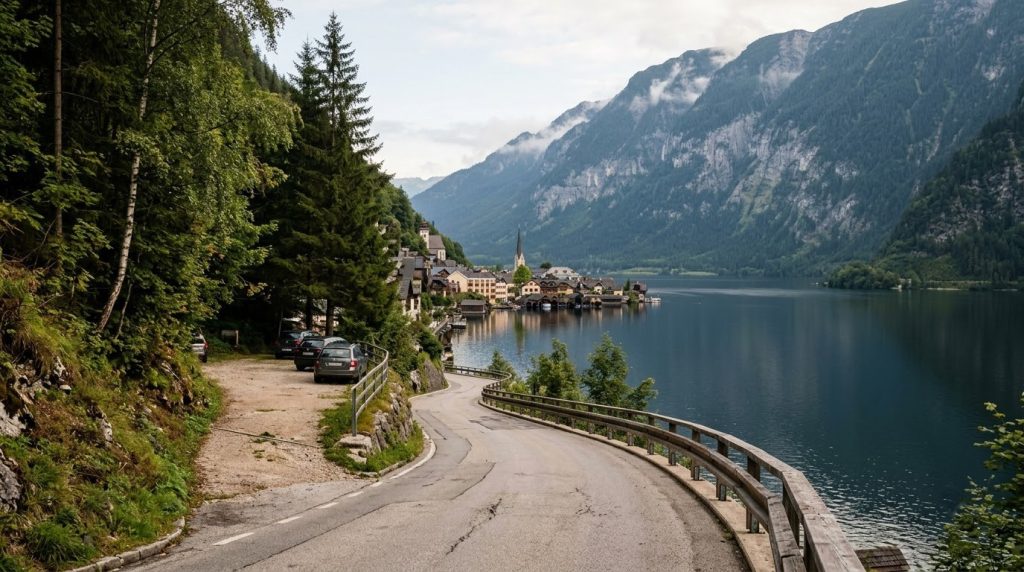 Mountain road leading toward the lakeside village of Hallstatt