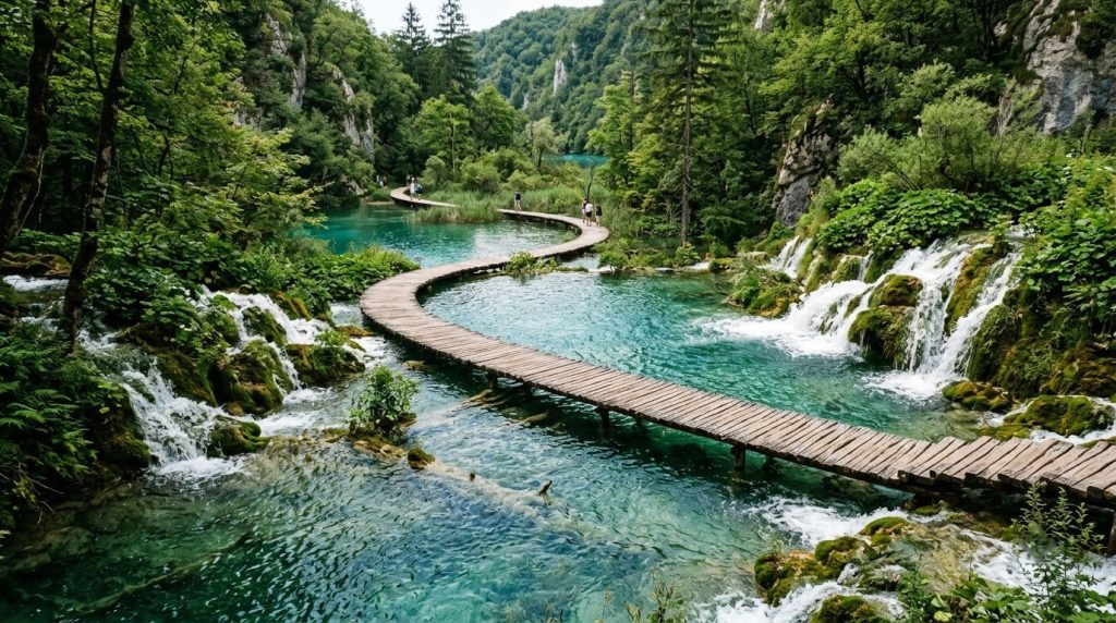 Wooden boardwalk over turquoise cascades at Plitvice Lakes, Croatia
