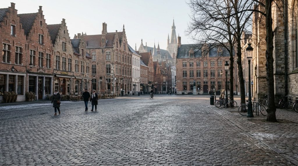 Quiet cobblestone square in central Bruges on a winter morning