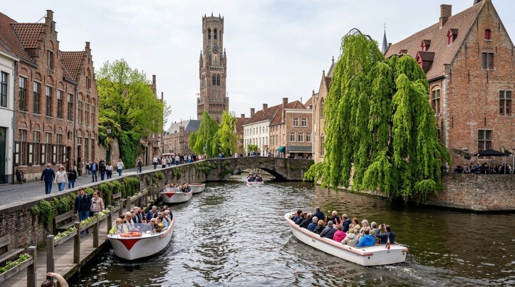 Canal boats near the Belfry tower in central Bruges in spring