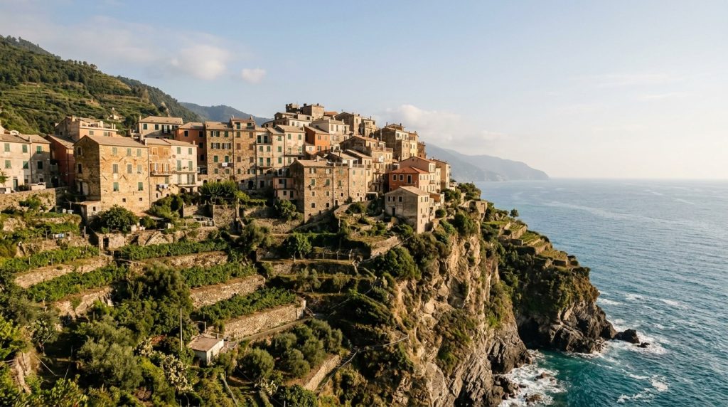 Cliffside village of Corniglia above the sea, Cinque Terre, Italy