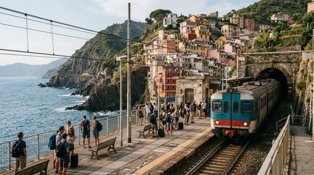 Regional train at a small coastal station in Cinque Terre, Italy