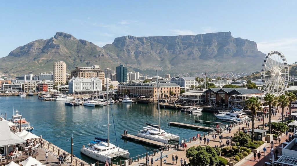 Table Mountain above the V&A Waterfront harbor in Cape Town