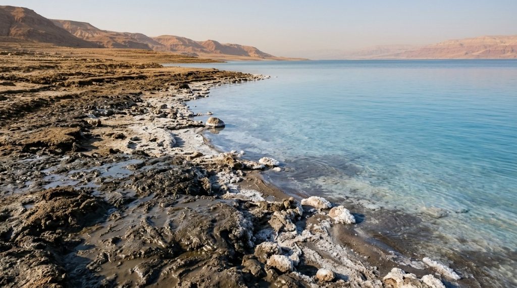 Shoreline of the Dead Sea with mineral mud and hills, Jordan