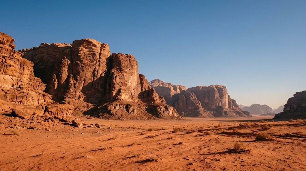 Red sandstone rock formations in the Wadi Rum desert, Jordan
