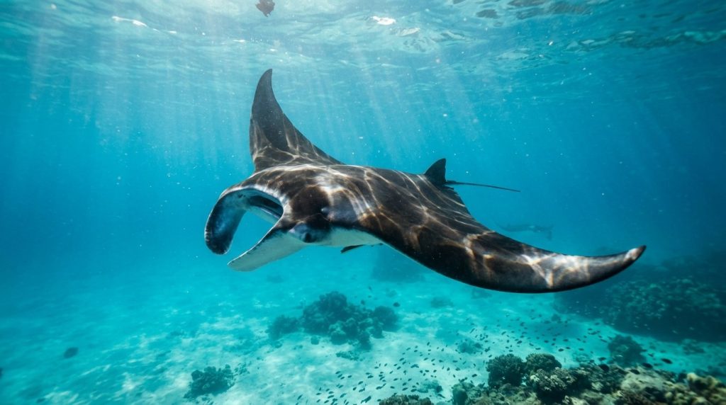 Manta ray gliding through turquoise water in Hanifaru Bay, Maldives