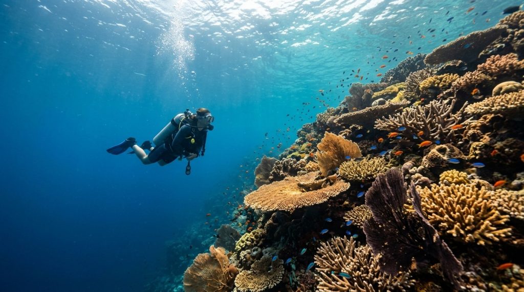 Scuba diver exploring a coral reef in North Male Atoll, Maldives