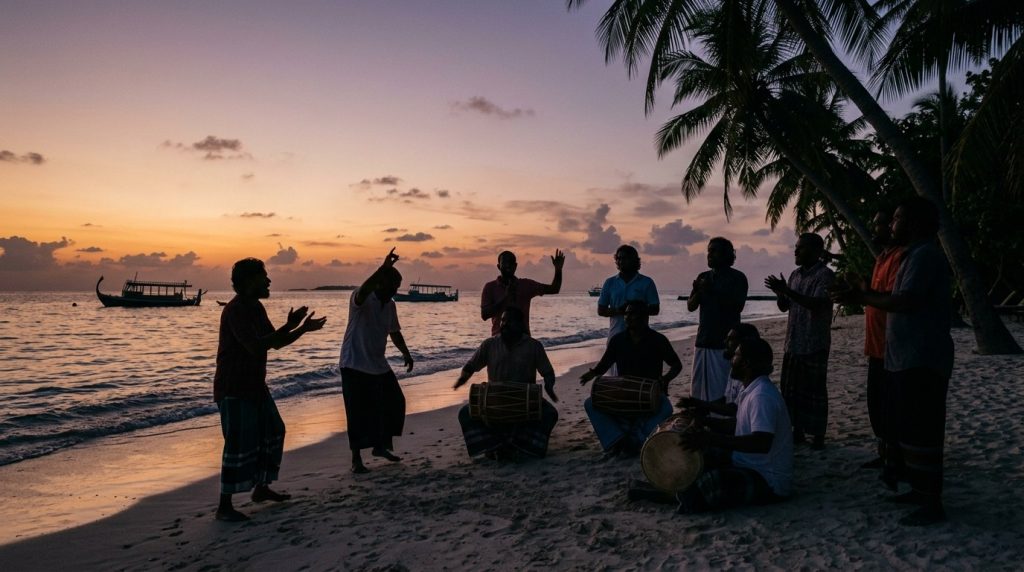 Traditional drummers performing on a beach at dusk, Maldives