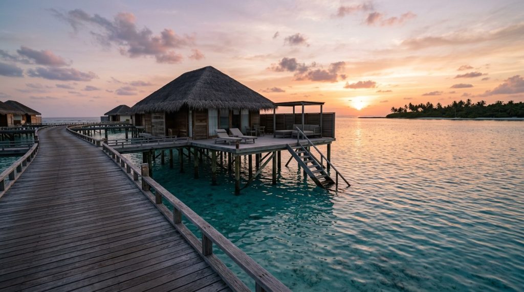 Overwater villa walkway above a lagoon in the Maldives at sunset