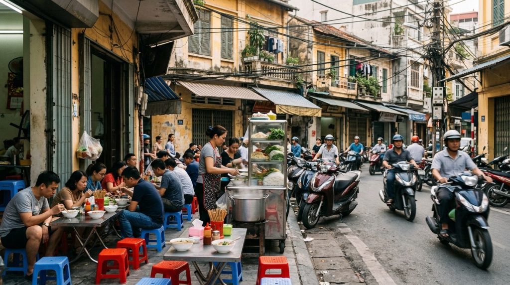 Street food stall in Hanoi's Old Quarter with motorbikes, Vietnam