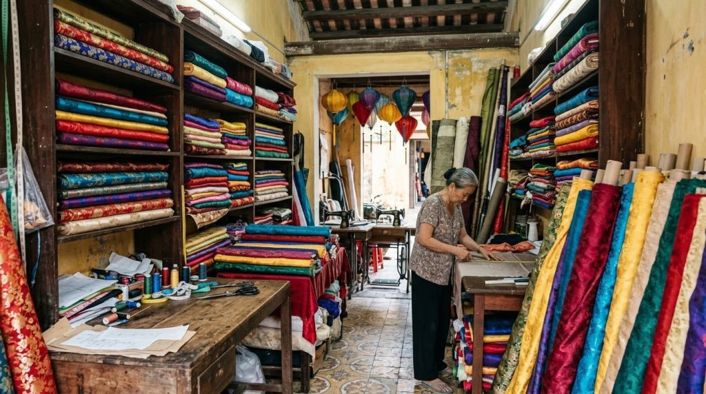Colorful silk fabric displayed in a tailor shop in Hoi An, Vietnam