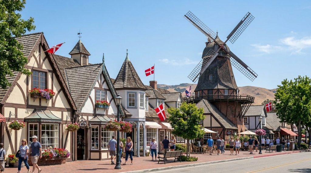 Half-timbered Danish-style buildings and a windmill in Solvang, California