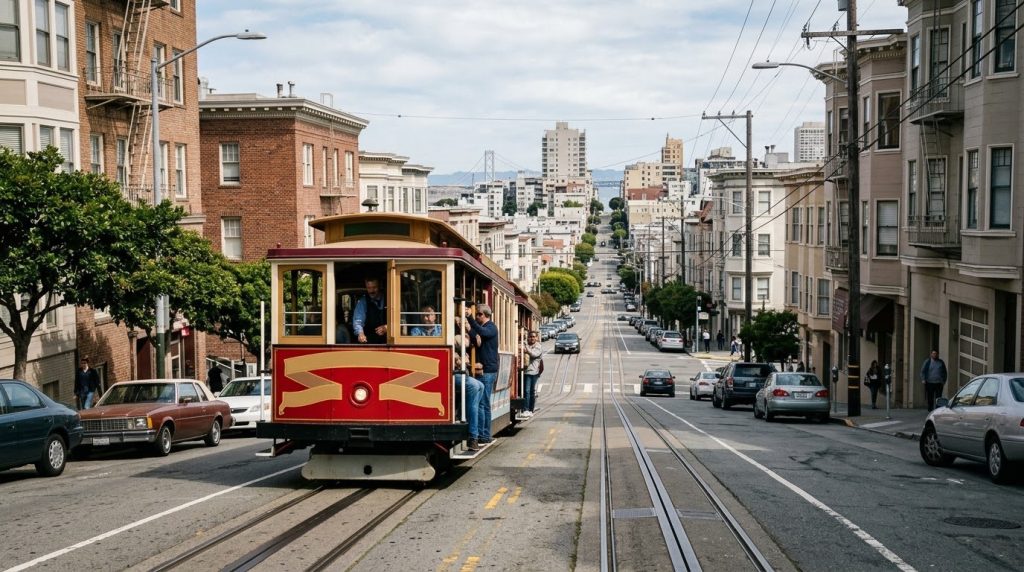Historic cable car on a street in downtown San Francisco