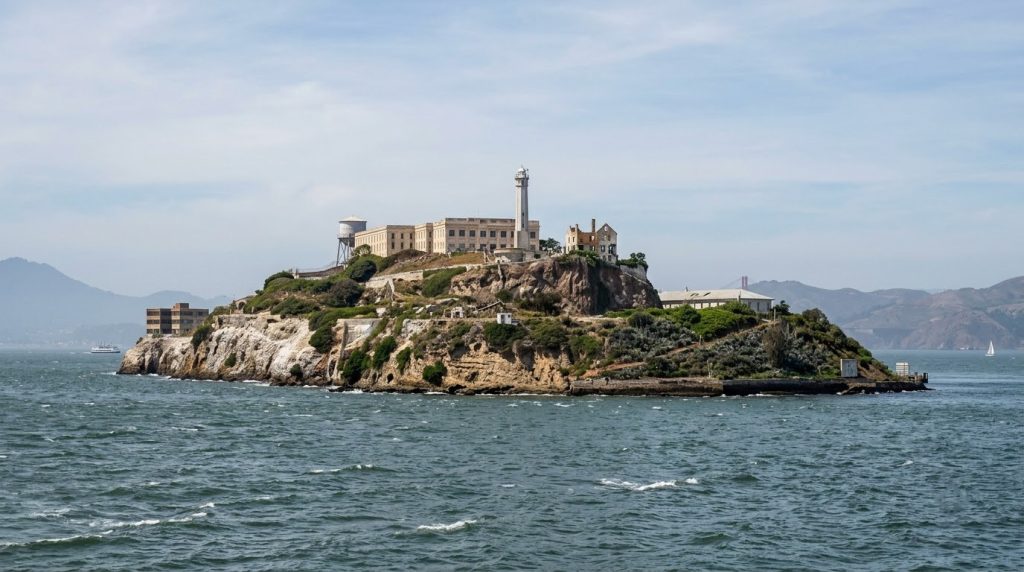 Alcatraz Island surrounded by San Francisco Bay waters