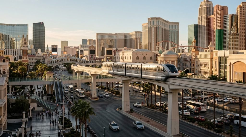 Elevated monorail train above the Las Vegas Strip, Nevada