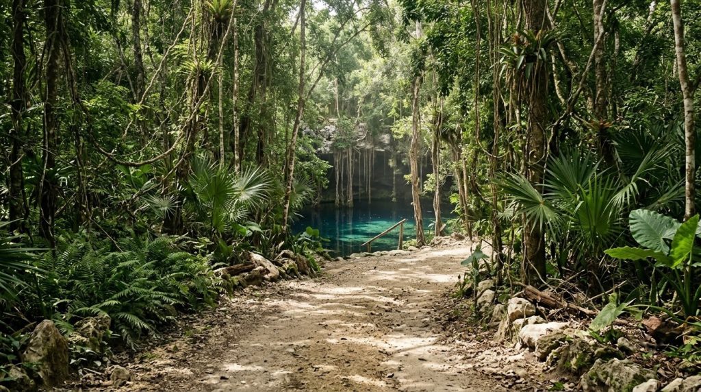 Jungle road leading toward a cenote near Tulum, Mexico