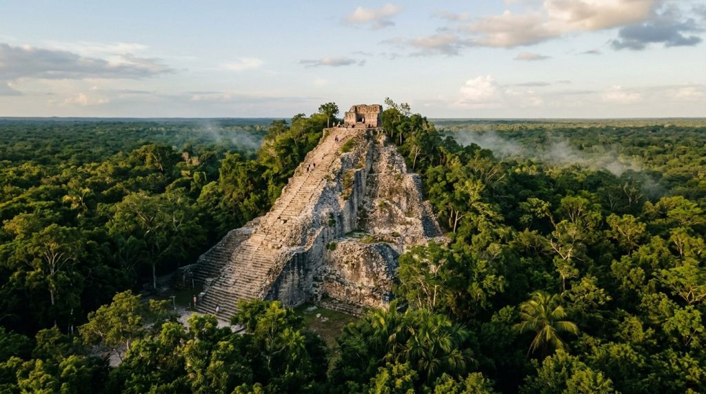 Ancient stone ruins above the jungle canopy at Coba, Mexico