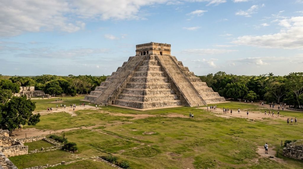 Stepped pyramid of Chichen Itza on the Yucatan plaza, Mexico