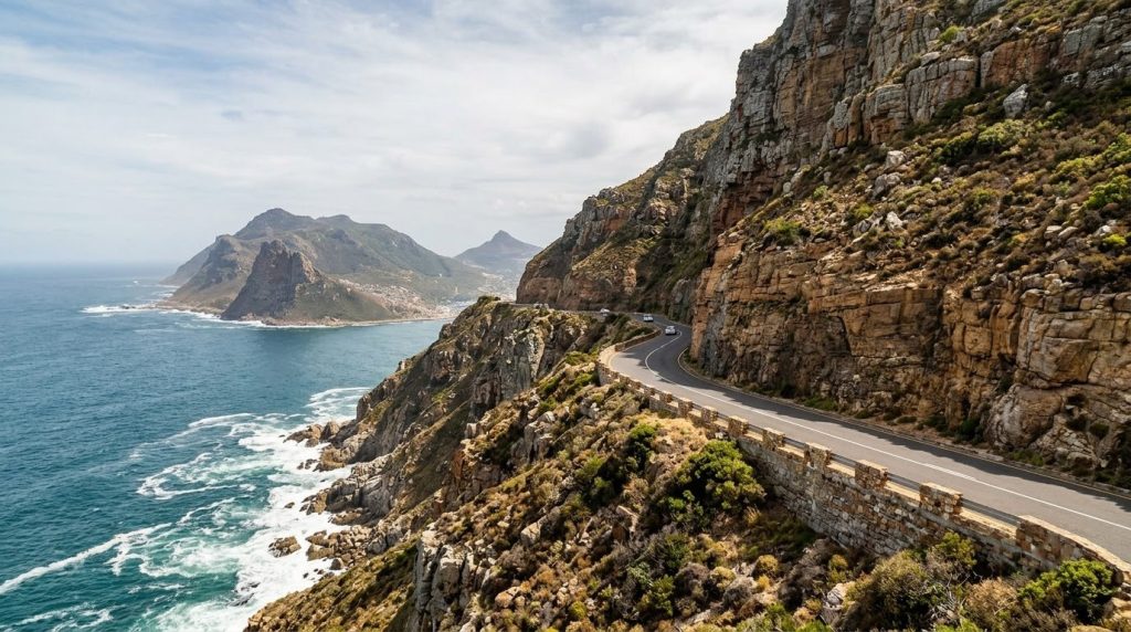 Coastal road winding along cliffs near Cape Town, South Africa