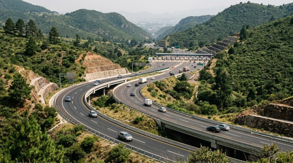 Toll highway curving through green hills outside Mexico City