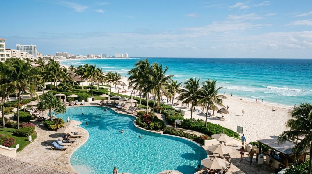 Resort pool and beach in Cancun's Hotel Zone, Mexico