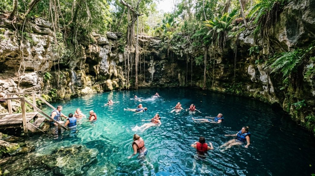 Swimmers in life vests at a turquoise cenote near Tulum, Mexico
