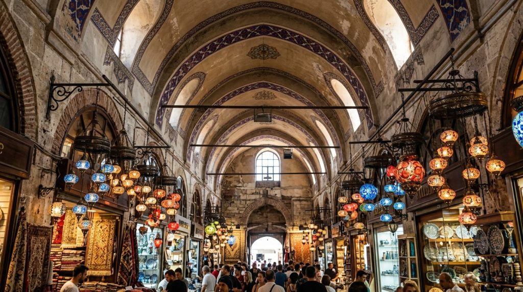 Vaulted ceiling and lanterns inside Istanbul's Grand Bazaar