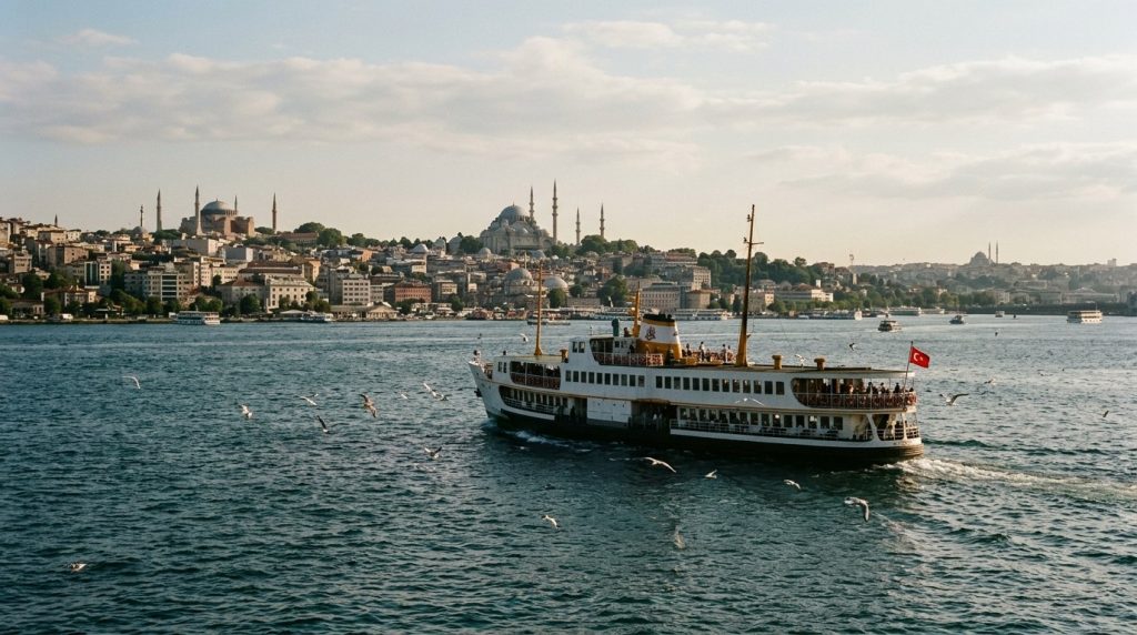 Ferry crossing the Bosphorus with Istanbul's skyline behind