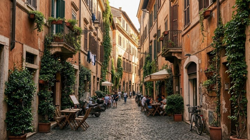Cobblestone street with ivy-covered buildings in Trastevere, Rome