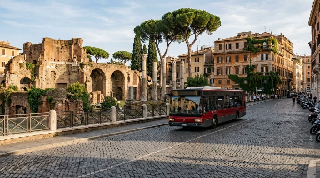 City bus passing ancient ruins on a street in central Rome