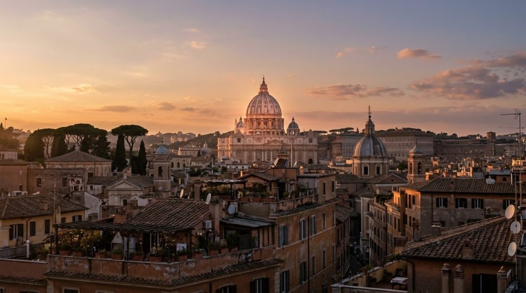St. Peter's Basilica dome glowing at sunset over Rome