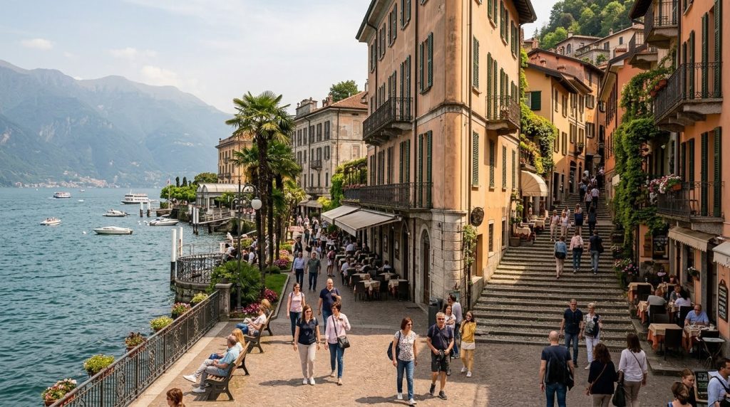 Lakeside promenade and stepped alleys in Bellagio, Lake Como