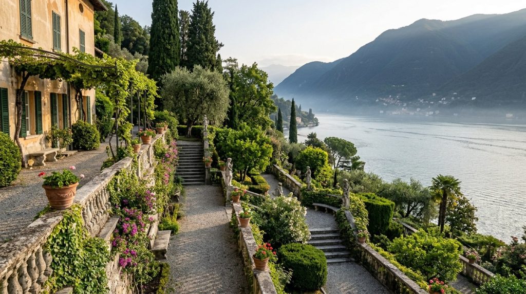 Terraced garden overlooking Lake Como in Bellagio, Italy