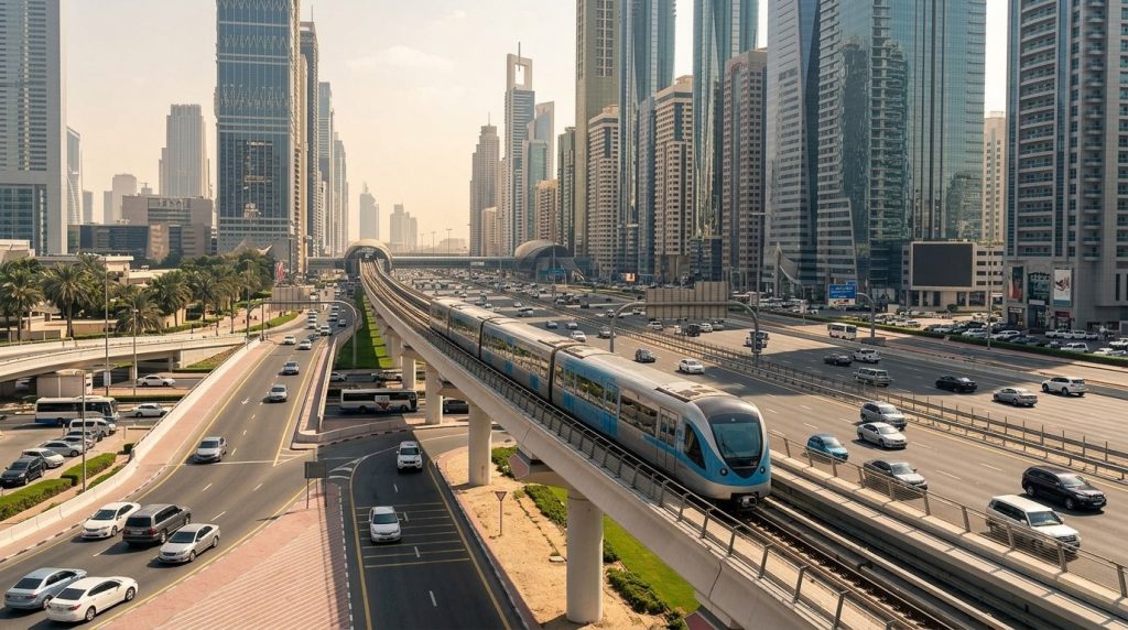 Dubai Metro train on an elevated track above Sheikh Zayed Road