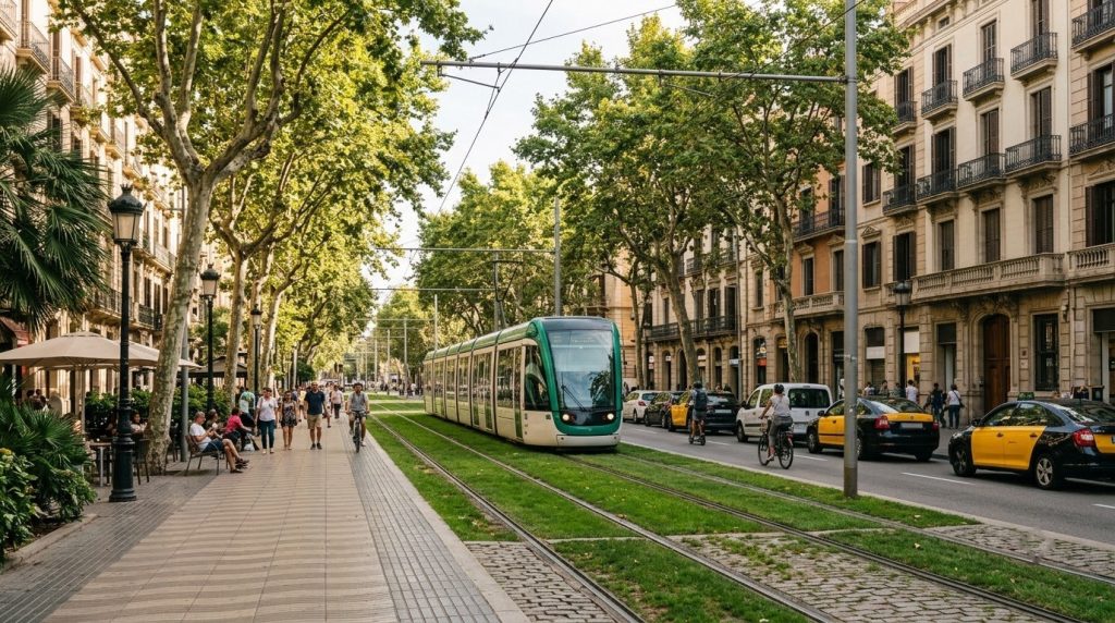 City tram on a tree-lined boulevard in central Barcelona