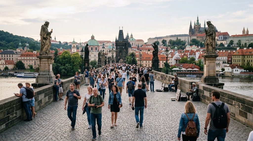 Pedestrians crossing Charles Bridge over the Vltava in Prague