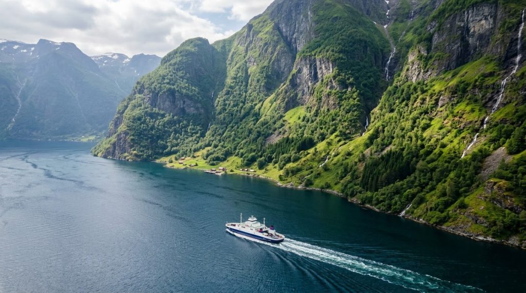 Ferry crossing a Norwegian fjord surrounded by green mountains