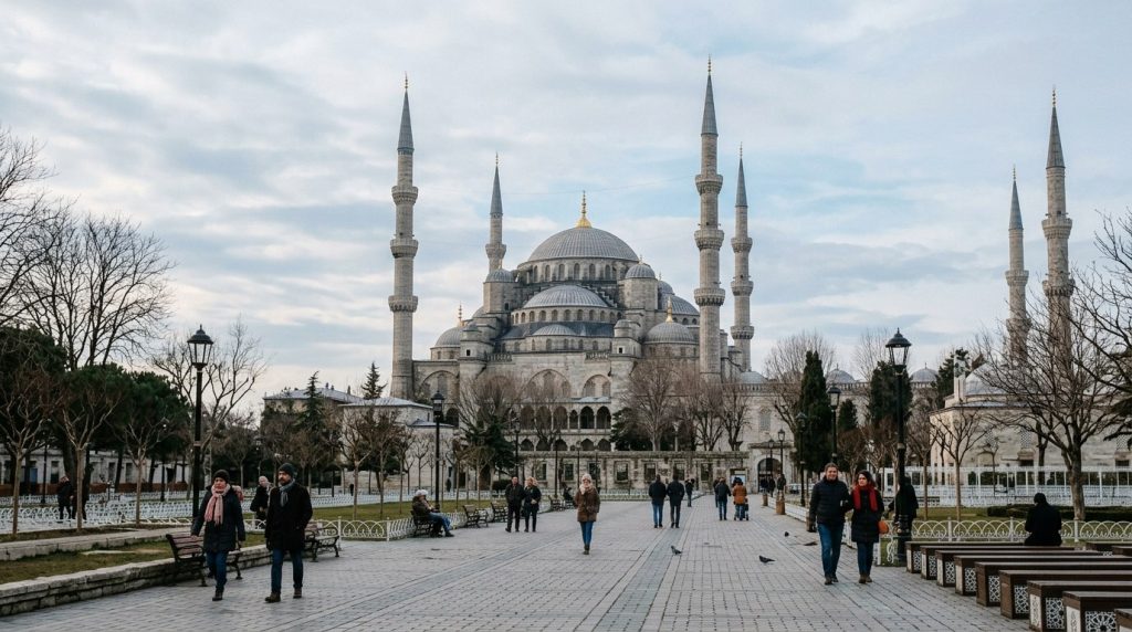 Blue Mosque domes under a quiet winter sky in Istanbul