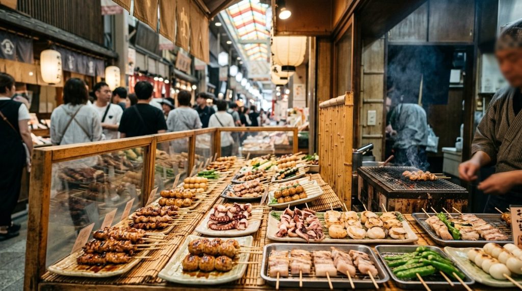 Grilled street food skewers at a stall in Nishiki Market, Kyoto