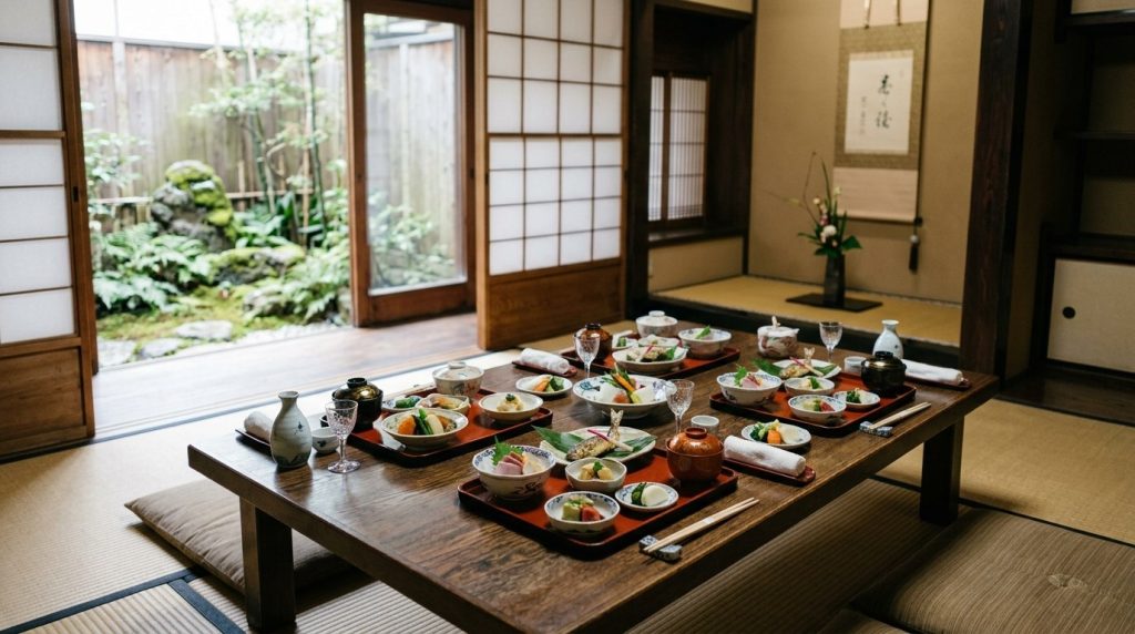 Kaiseki dishes set on a low wooden table in Kyoto