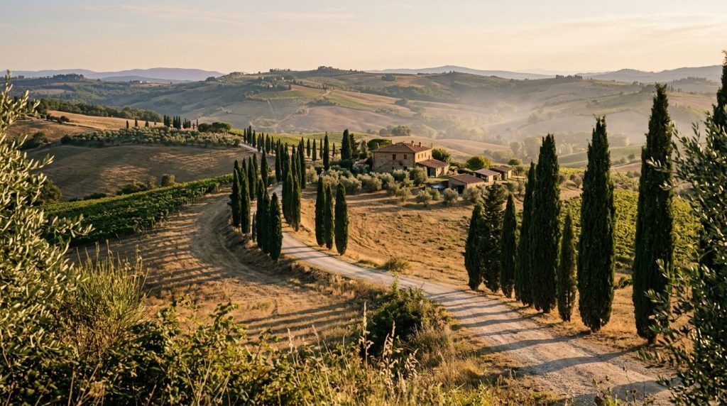Rolling Tuscan hills with cypress trees near Florence, Italy