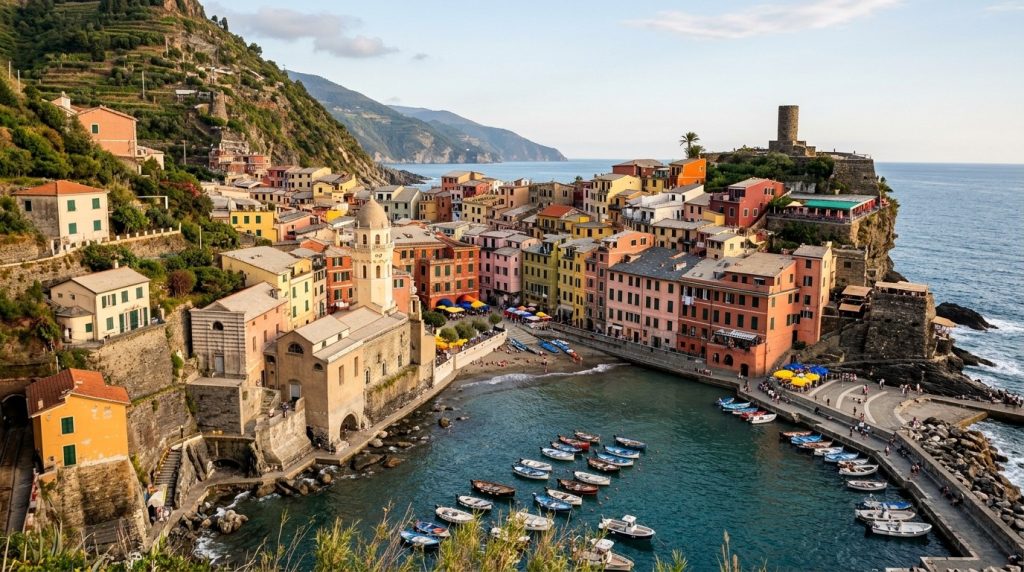 Colorful cliffside houses above the harbor in Vernazza, Italy