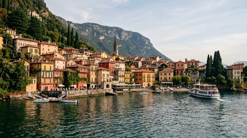 Colorful lakeside waterfront of Varenna on Lake Como, Italy