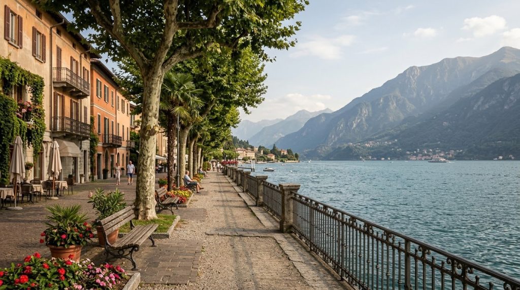 Quiet lakeside promenade in Menaggio on Lake Como, Italy