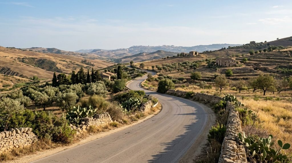 Winding countryside road through hills near Agrigento, Sicily