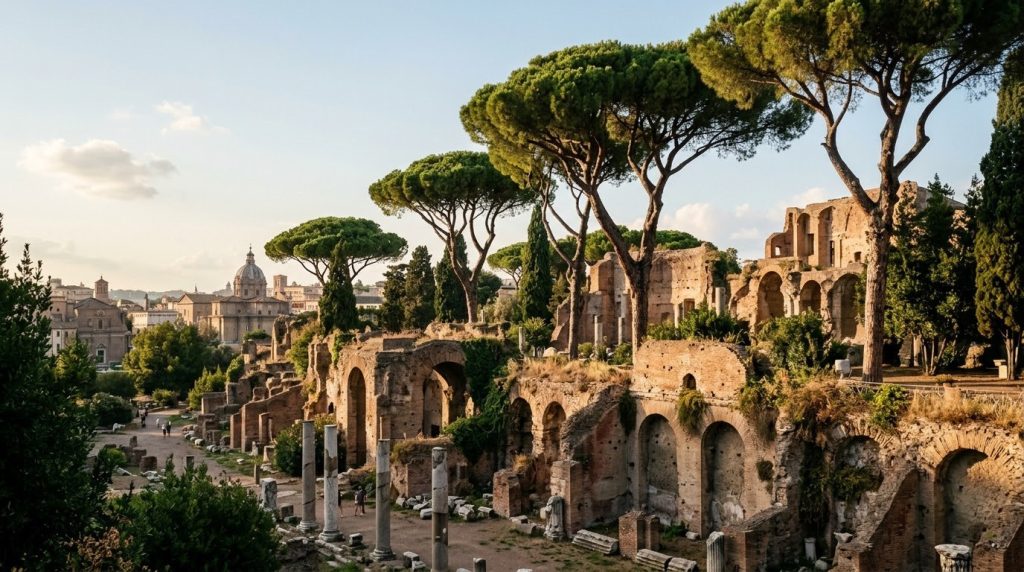 Sunlight on ancient ruins and umbrella pines in central Rome