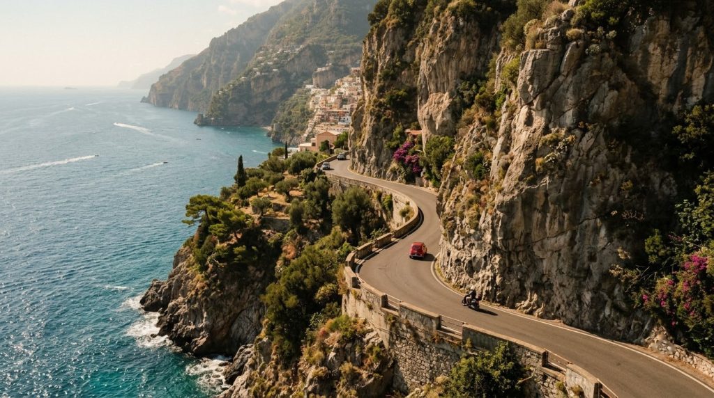 Narrow coastal road winding along cliffs on the Amalfi Coast