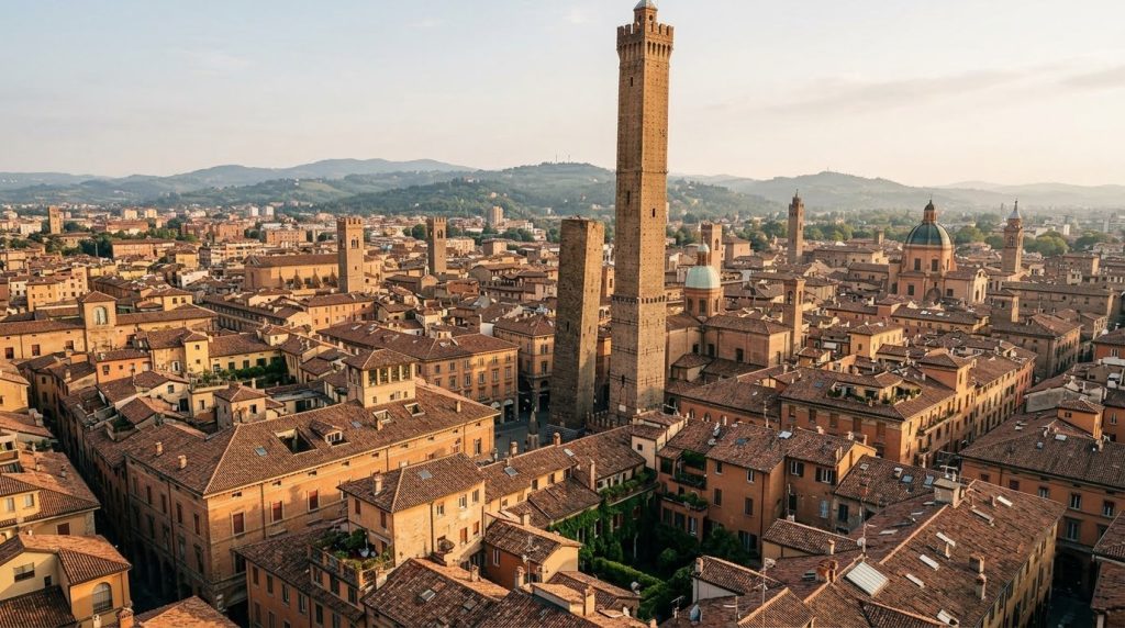 Asinelli Tower rising above rooftops in central Bologna, Italy